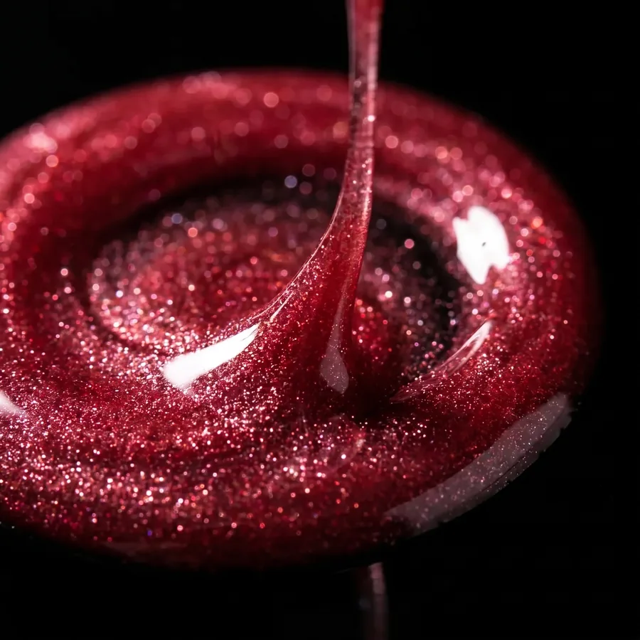 Macro of thick red shimmer gloss with a viscous strand lifting away
